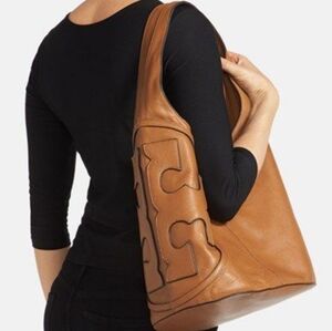 Tory Burch RARE "All T" Hobo Rich Pebbled Leather Bag In-Bark